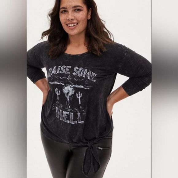 Torrid Super Soft Raise Hell Black Mineral Wash Tie-Front long sleeve Tee sz 2X - Picture 1 of 6